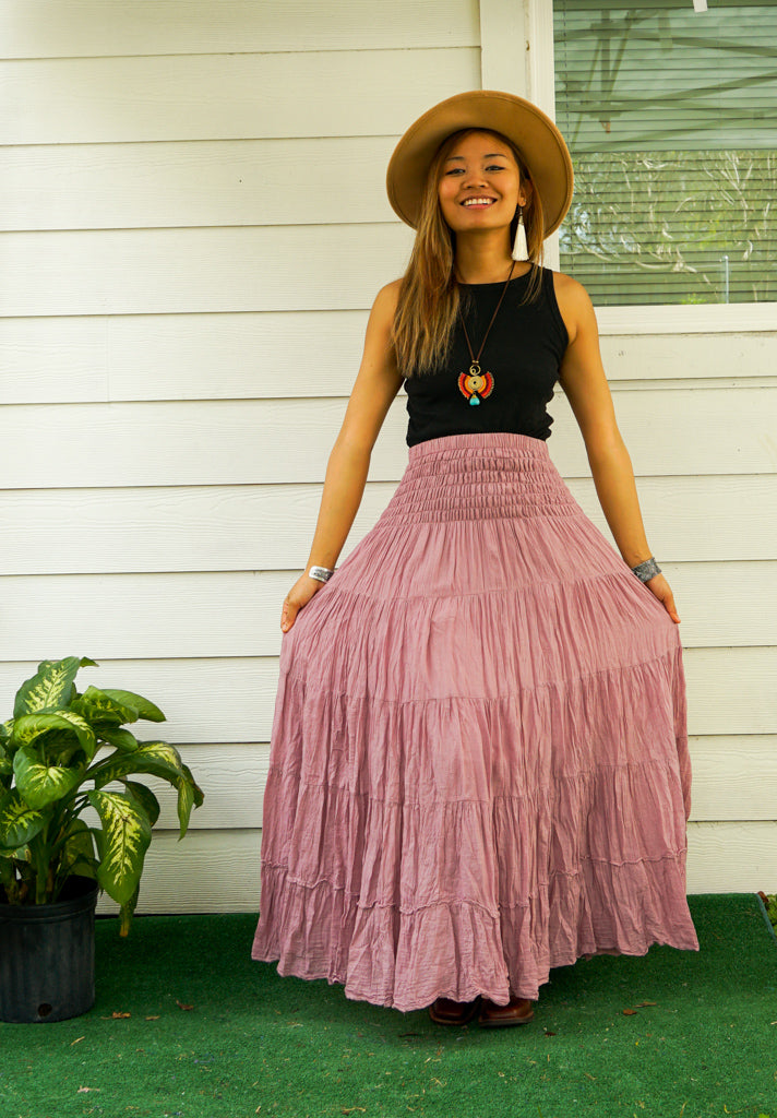 Dusky Rose Raw Crinkled Organic Cotton Gauze Tiered Maxi Skirt