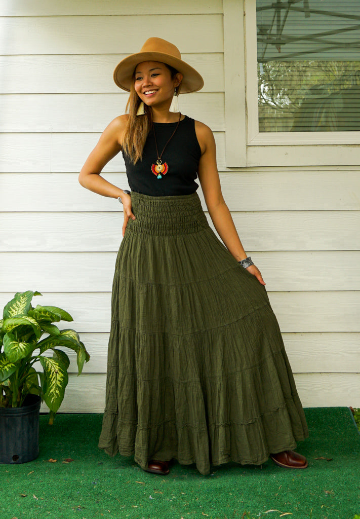 Olive Grove Boho Organic Double Gauze Cotton Tiered Maxi Skirt