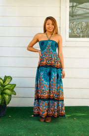 Teal Paisley Tiered SunDress Maxi Dress