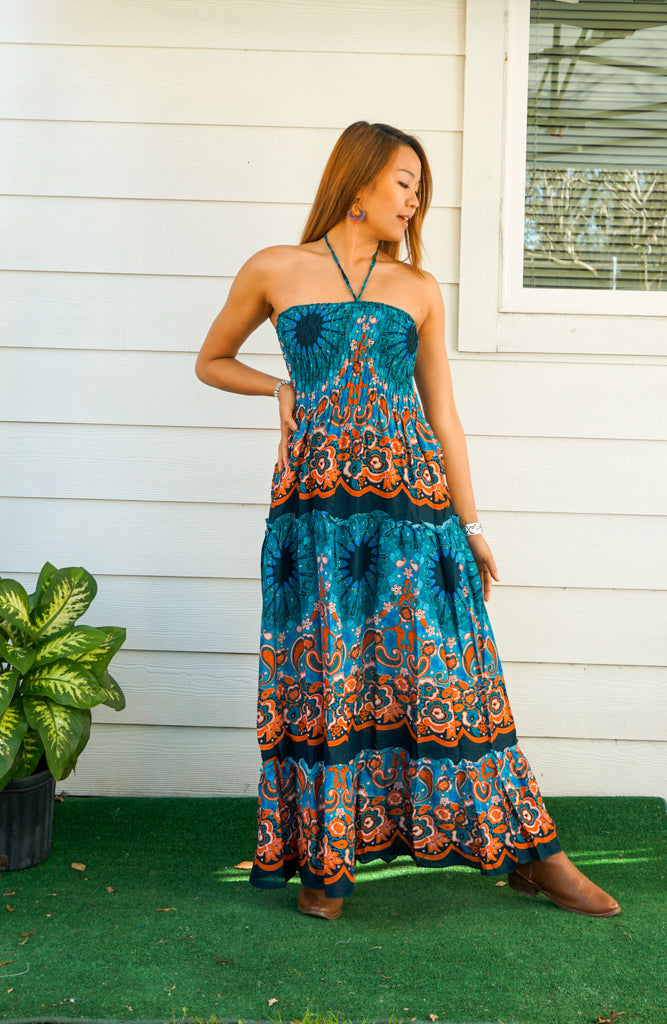 Teal Paisley Tiered SunDress Maxi Dress