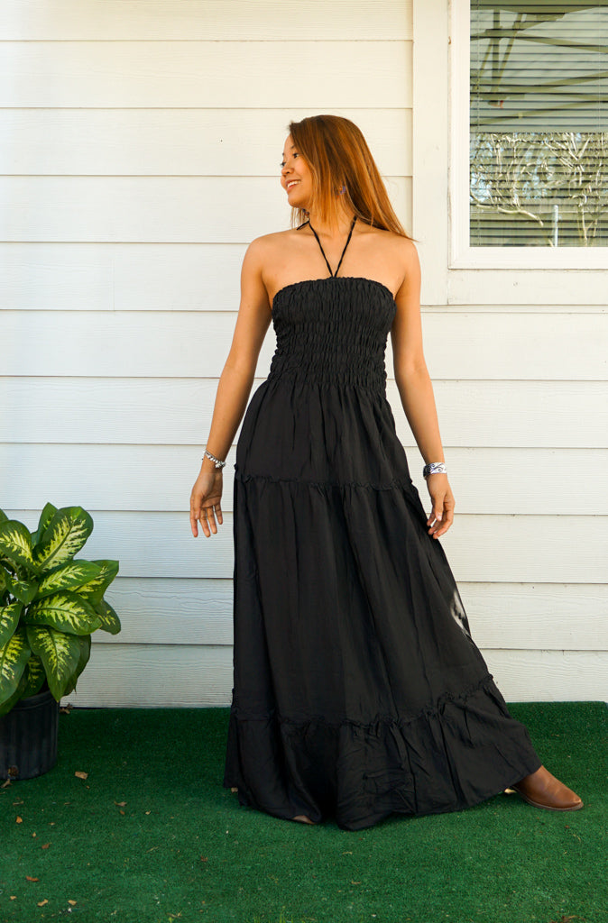 Plain Black Tiered SunDress Maxi Dress