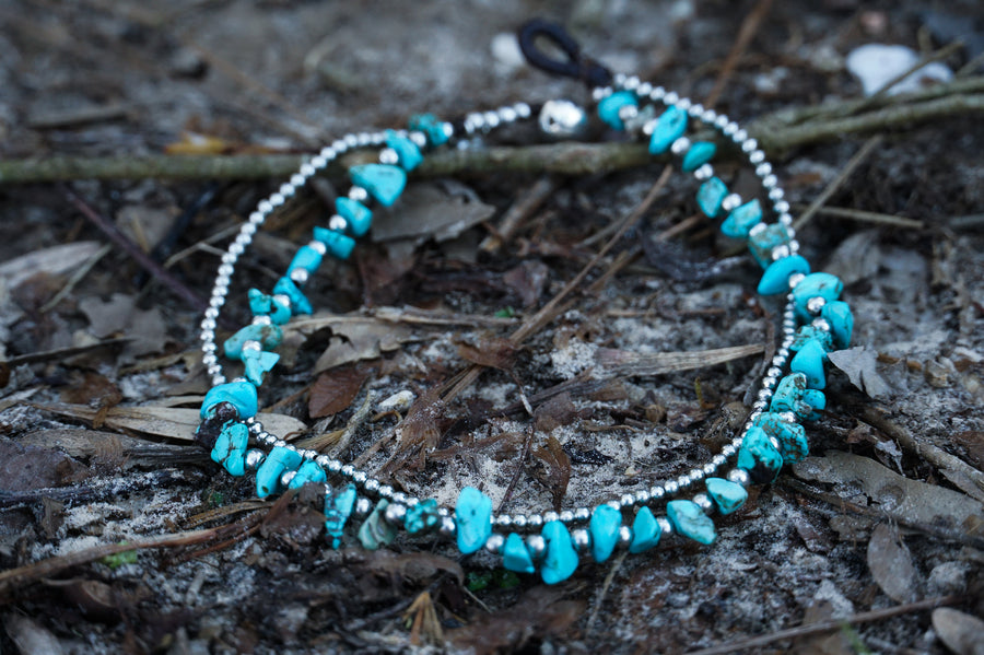 Turquoise Chip Stone Boho Silver Anklet