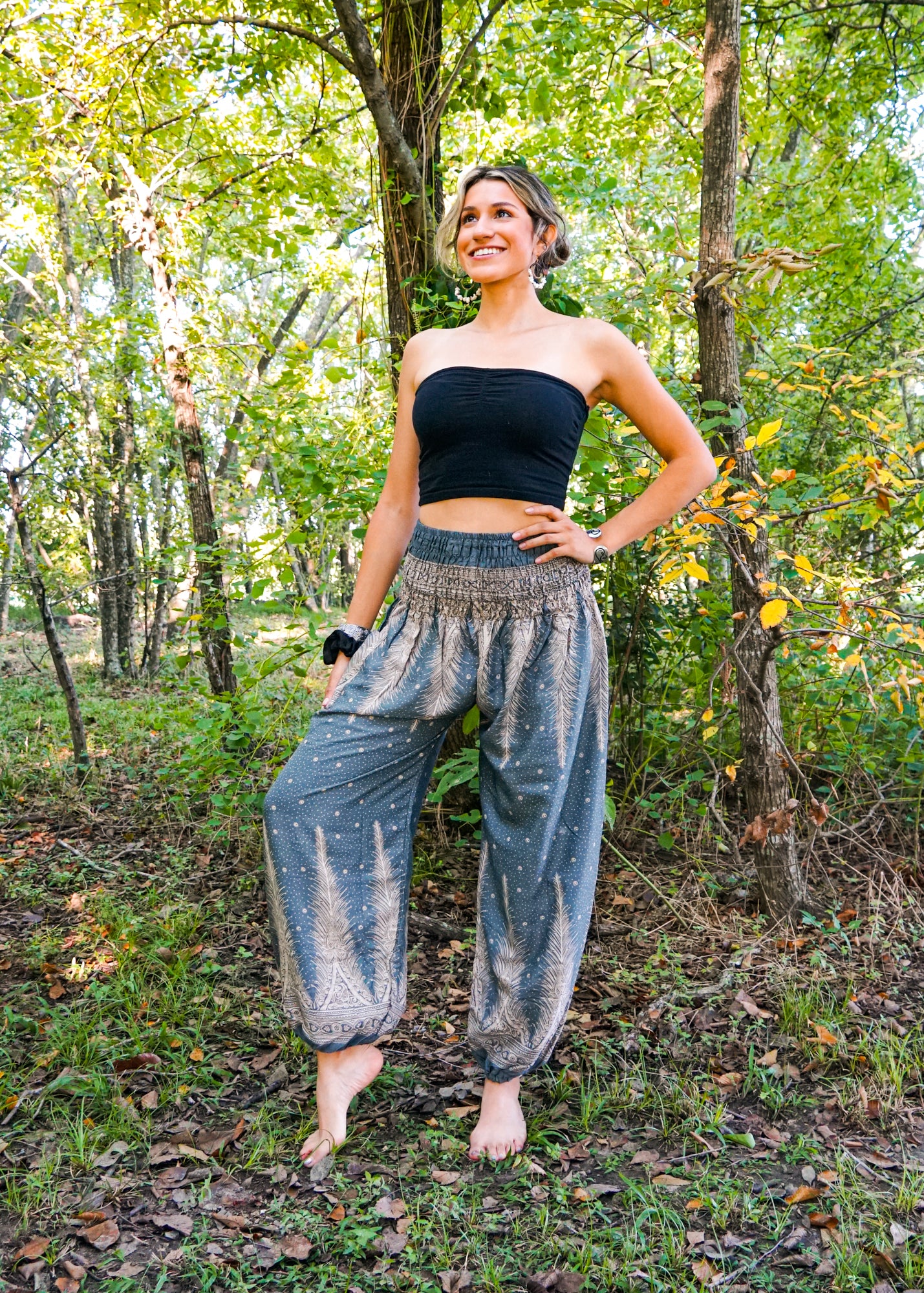 Gray Peacock Feather Flow Pants