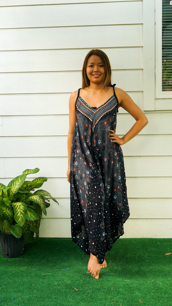 Obsidian Peacock Feather Boho Jumpsuit