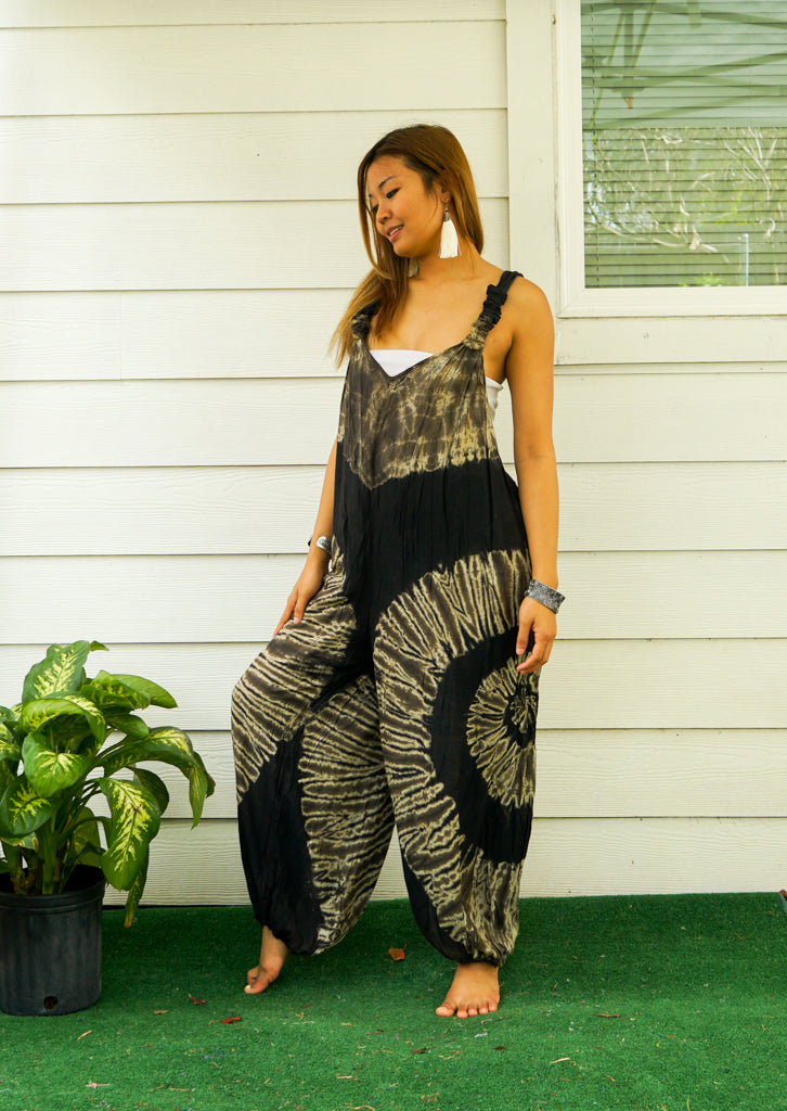 Black and White Side Swirl Hand Dyed Hippie Racerback Jumpsuit Romper