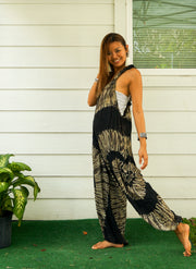 Black and White Side Swirl Hand Dyed Hippie Racerback Jumpsuit Romper