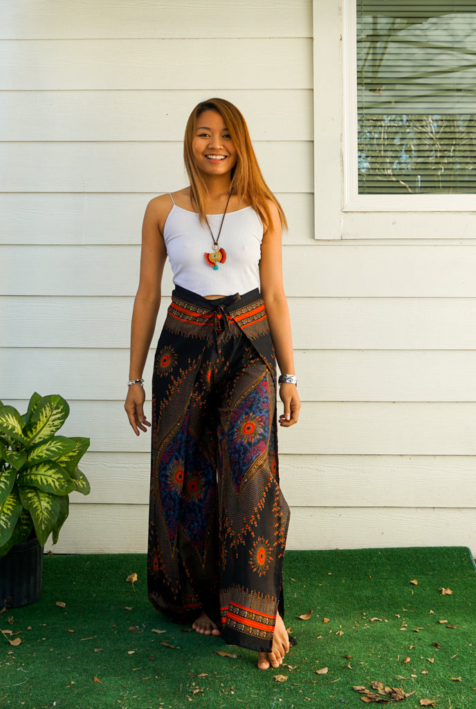 Golden Feather Peacock Palazzo Wrap Pants