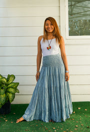 Moonstone Gray Raw Crinkled Organic Cotton Gauze Tiered Maxi Skirt