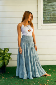 Moonstone Gray Raw Crinkled Organic Cotton Gauze Tiered Maxi Skirt