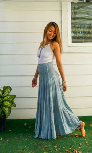 Moonstone Gray Raw Crinkled Organic Cotton Gauze Tiered Maxi Skirt