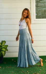 Moonstone Gray Raw Crinkled Organic Cotton Gauze Tiered Maxi Skirt