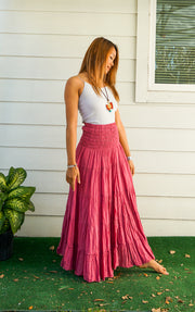 Rosewood Boho Raw Crinkled Organic Cotton Gauze Tiered Maxi Skirt