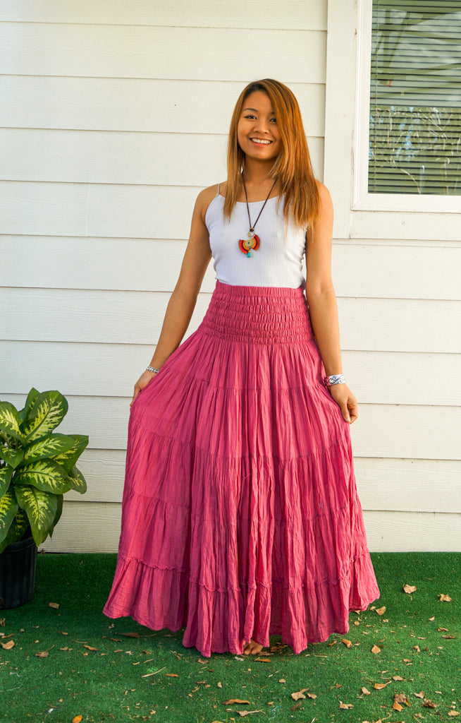 Rosewood Boho Raw Crinkled Organic Cotton Gauze Tiered Maxi Skirt