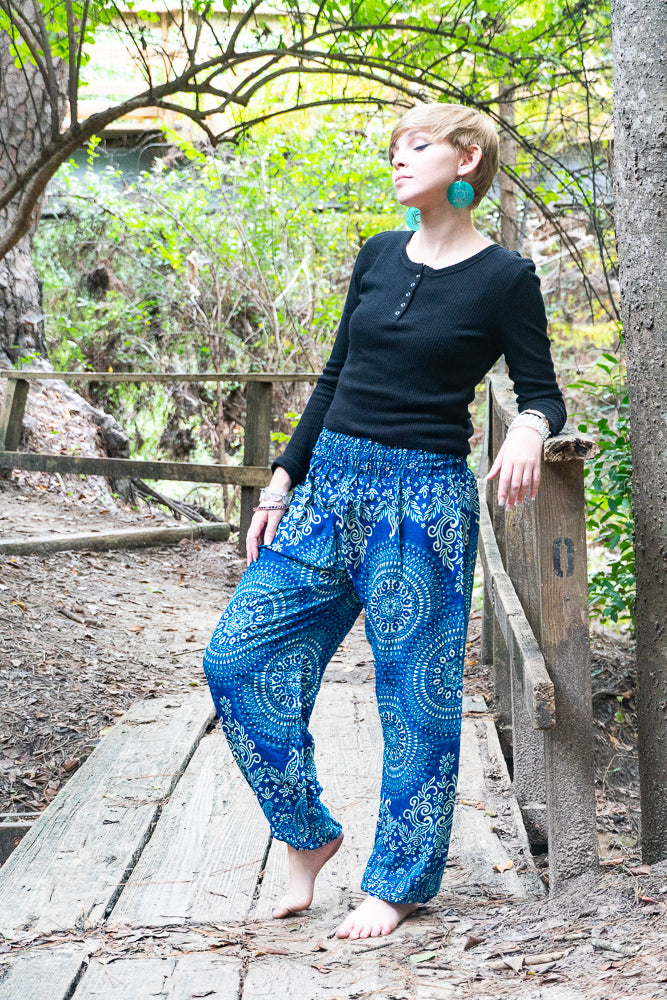 Sky Blue Blossom Mandala Harem Pants