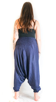 Solid Dark Blue Low Cut Harem Pants