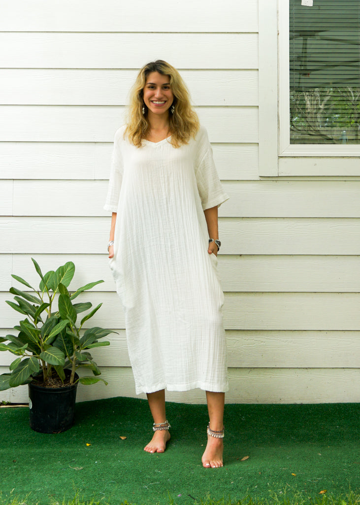 Natural Double Gauze Cotton Dress with Pockets