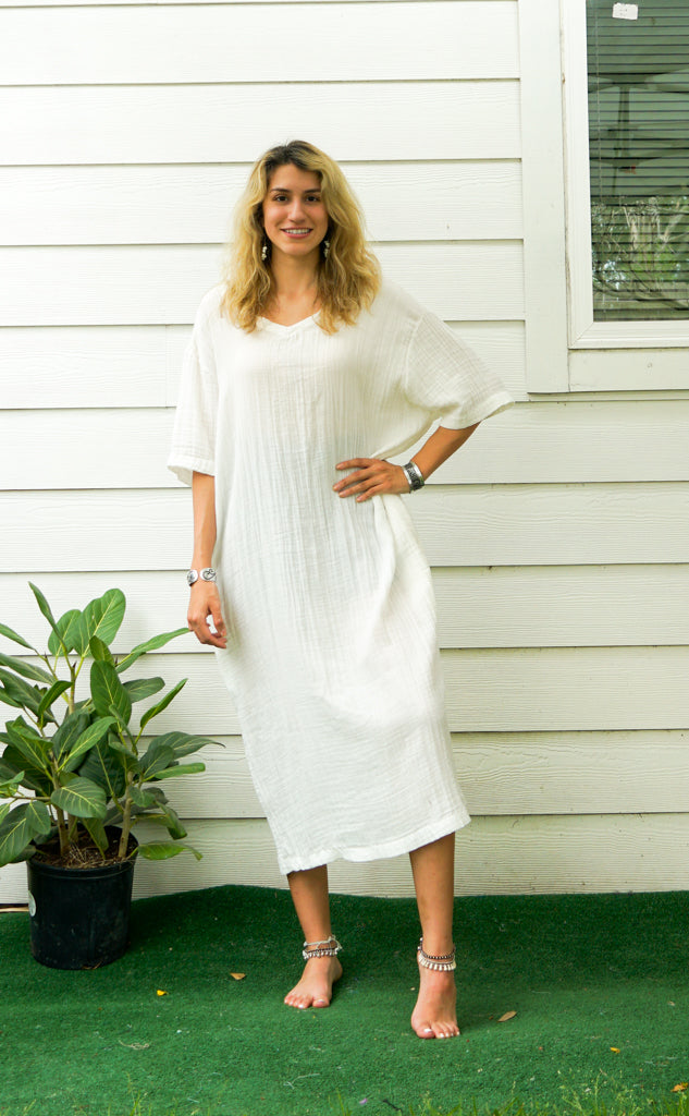 Natural Double Gauze Cotton Dress with Pockets