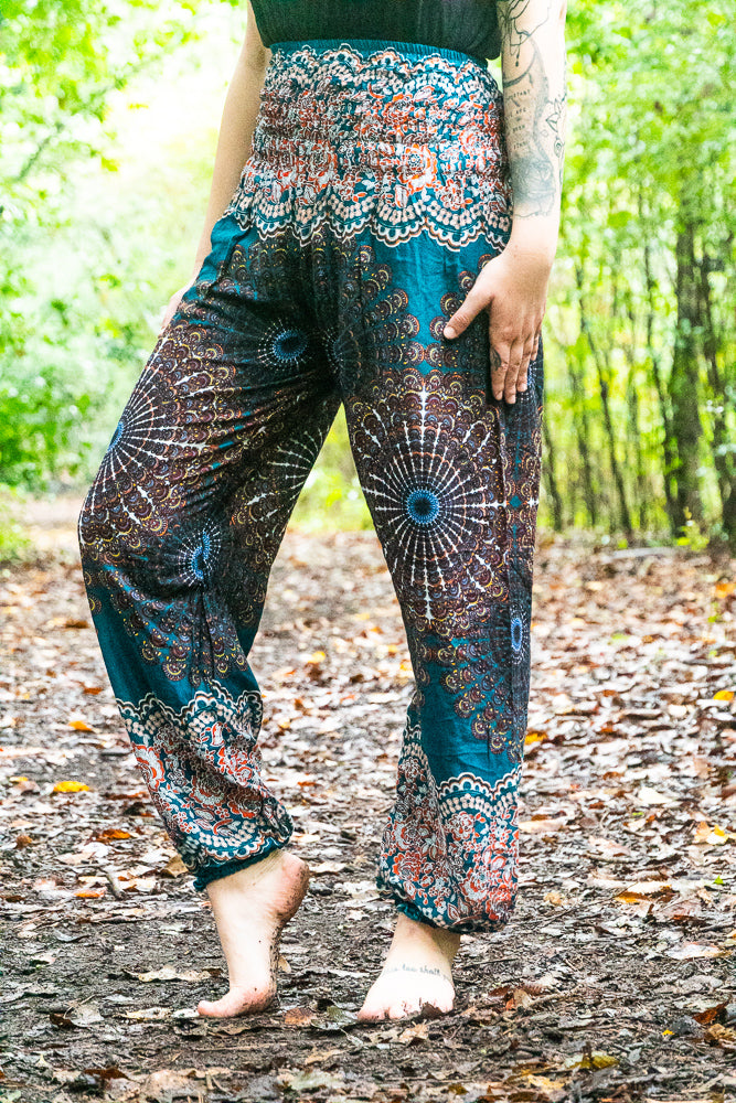 Teal Peacock Tail Flow Pants