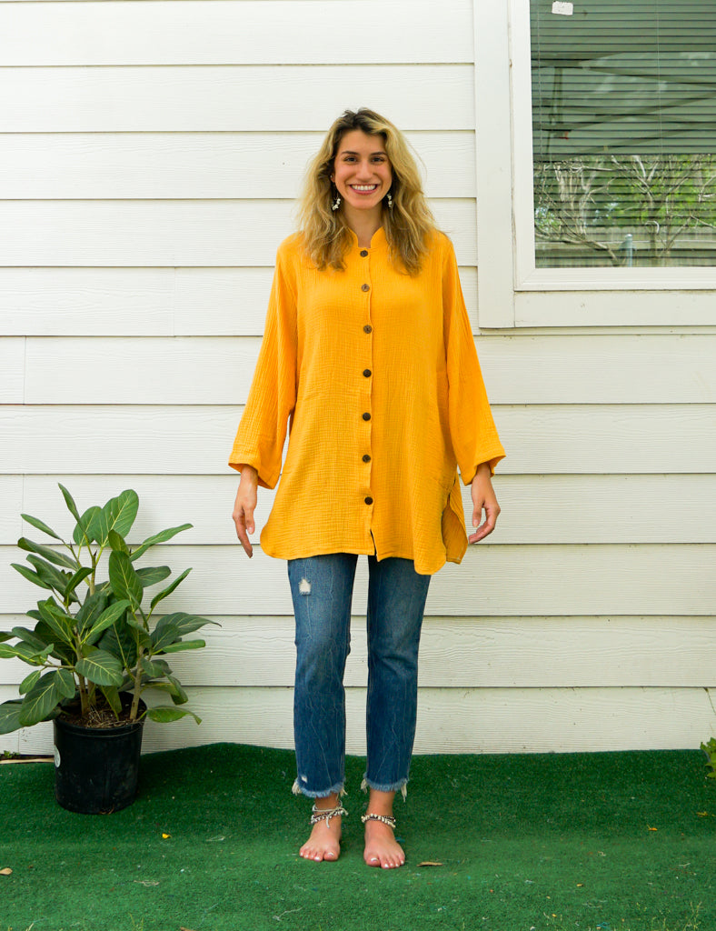 Mustard Yellow Organic Double Gauze Cotton Shirtdress with Pockets