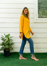 Mustard Yellow Organic Double Gauze Cotton Shirtdress with Pockets