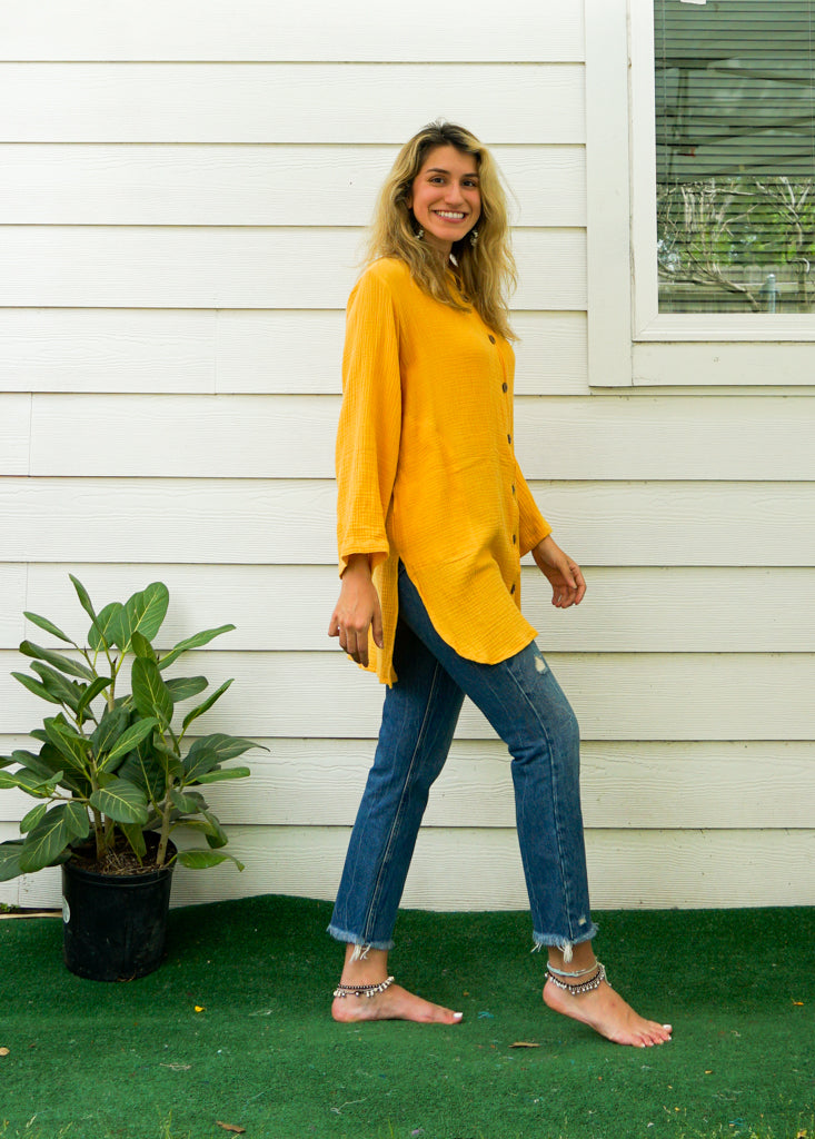 Mustard Yellow Organic Double Gauze Cotton Shirtdress with Pockets