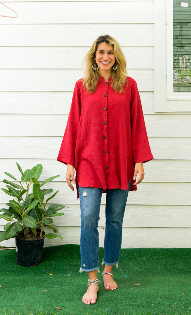 Burgundy Organic Double Gauze Crinkled Cotton Boho Minimalist Shirtdress with Pockets