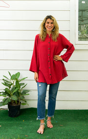 Burgundy Organic Double Gauze Crinkled Cotton Boho Minimalist Shirtdress with Pockets