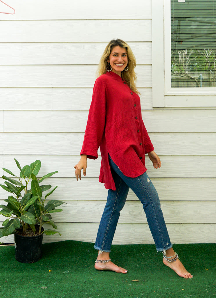 Burgundy Organic Double Gauze Crinkled Cotton Boho Minimalist Shirtdress with Pockets