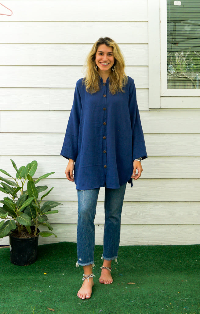 Dark Blue Organic Double Gauze Cotton Shirtdress with Pockets