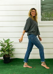 Gray Raw Natural Crinkled Cotton Gauze Blouse