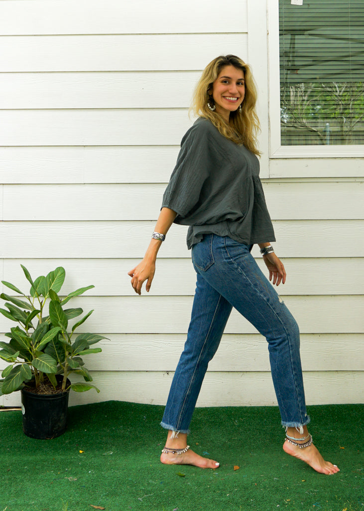 Gray Raw Natural Crinkled Cotton Gauze Blouse