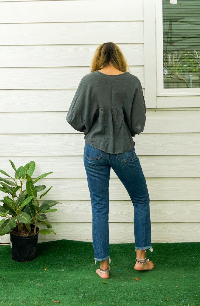 Gray Raw Natural Crinkled Cotton Gauze Blouse
