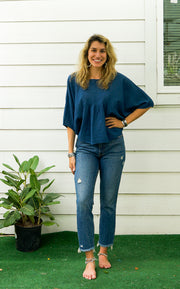 Blue Raw Natural Crinkled Cotton Gauze Blouse