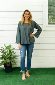 Gray Natural Raw Cotton Gauze Long Sleeve Blouse with Pocket