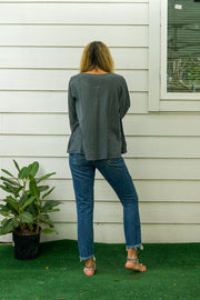 Gray Natural Raw Cotton Gauze Long Sleeve Blouse with Pocket