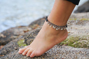 Black Onyx Stones Bell Boho Silver Anklet