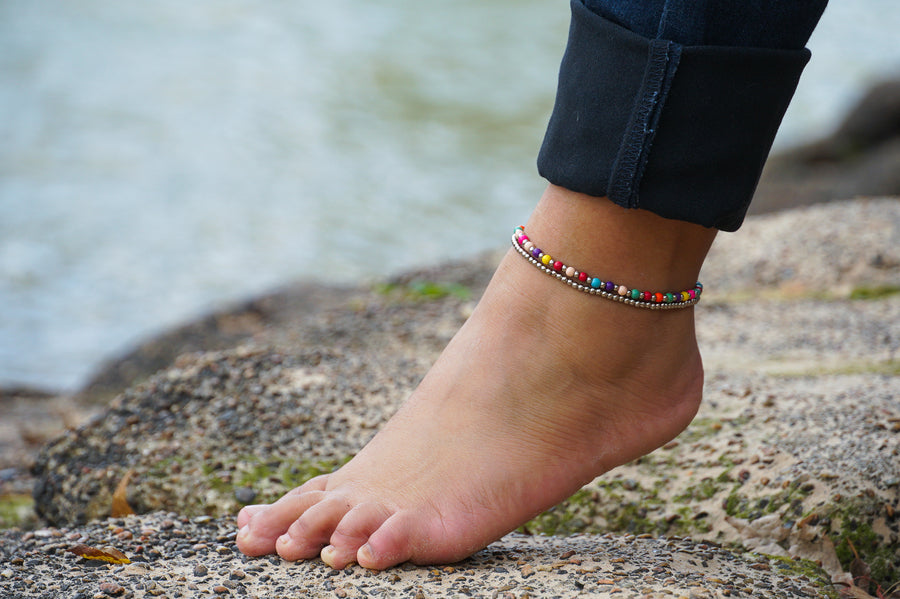Multicolor Beaded Silver Double Strands Boho Anklet