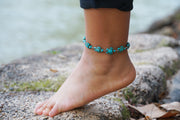 Turtle Turquoise Beaded Boho Silver Anklet