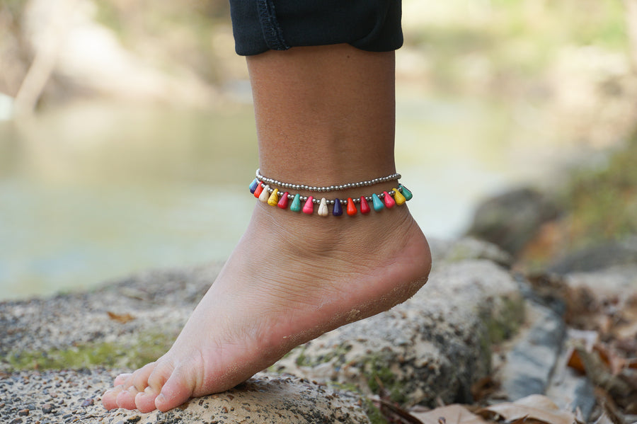 Multicolor Dangling Beads Boho Silver Anklet