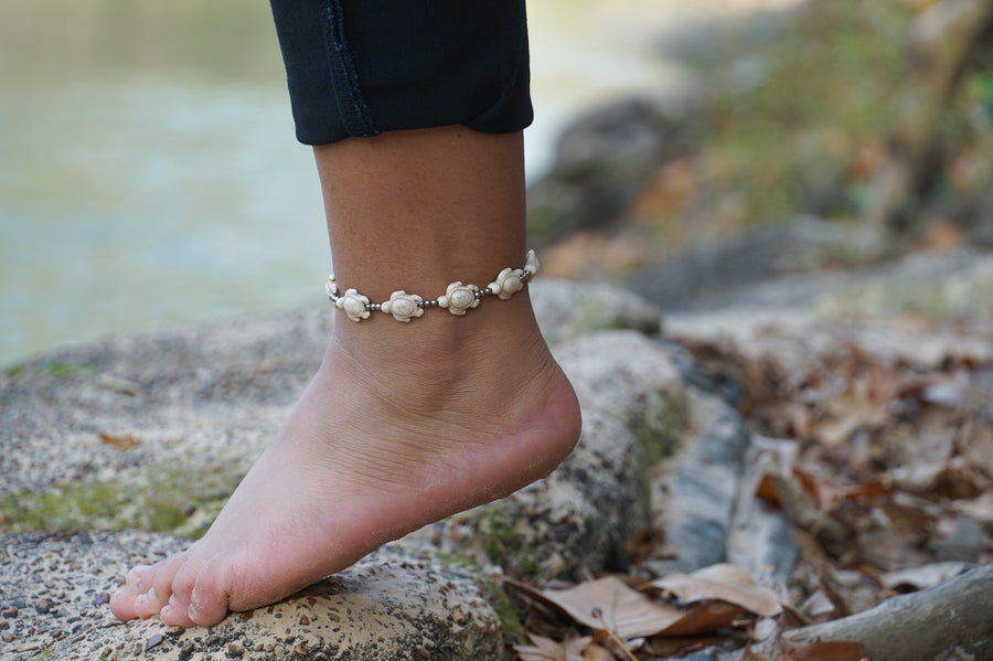 Turtle White Turquoise Beaded Boho Silver Anklet
