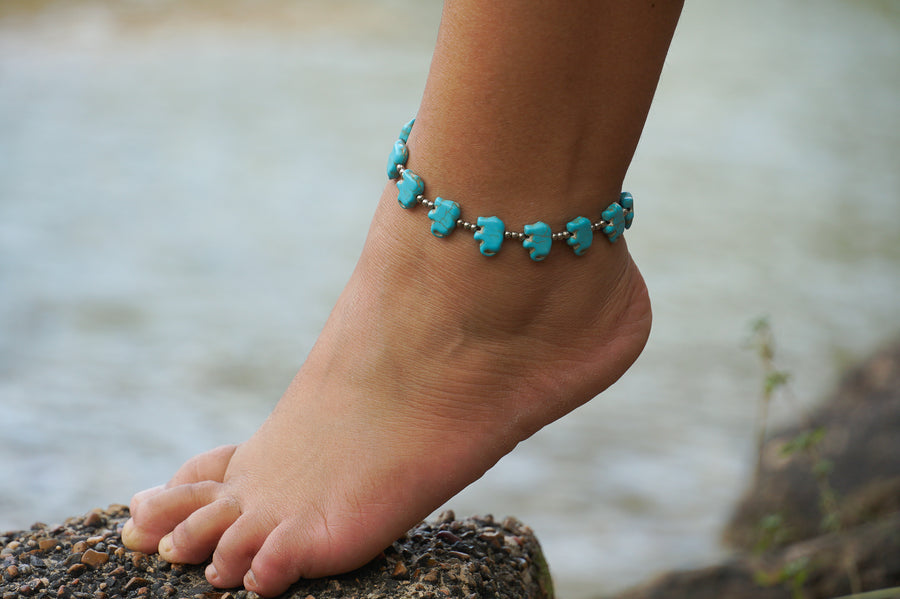 Elephant Turquoise Beaded Boho Silver Anklet