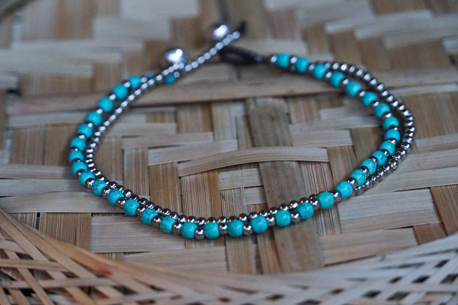 Turquoise Beaded Silver Double Strands Anklet