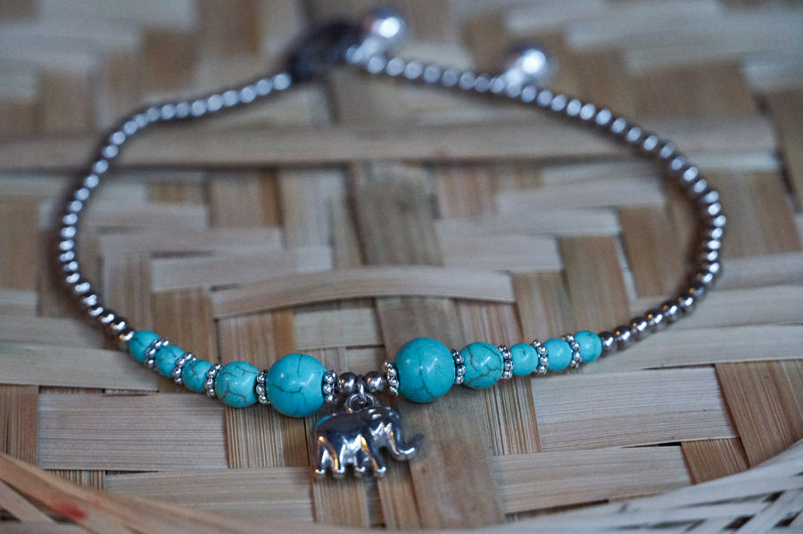 Elephant Turquoise Beaded Boho Silver Anklet