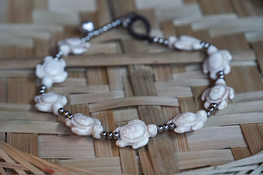 Turtle White Turquoise Beaded Boho Silver Anklet