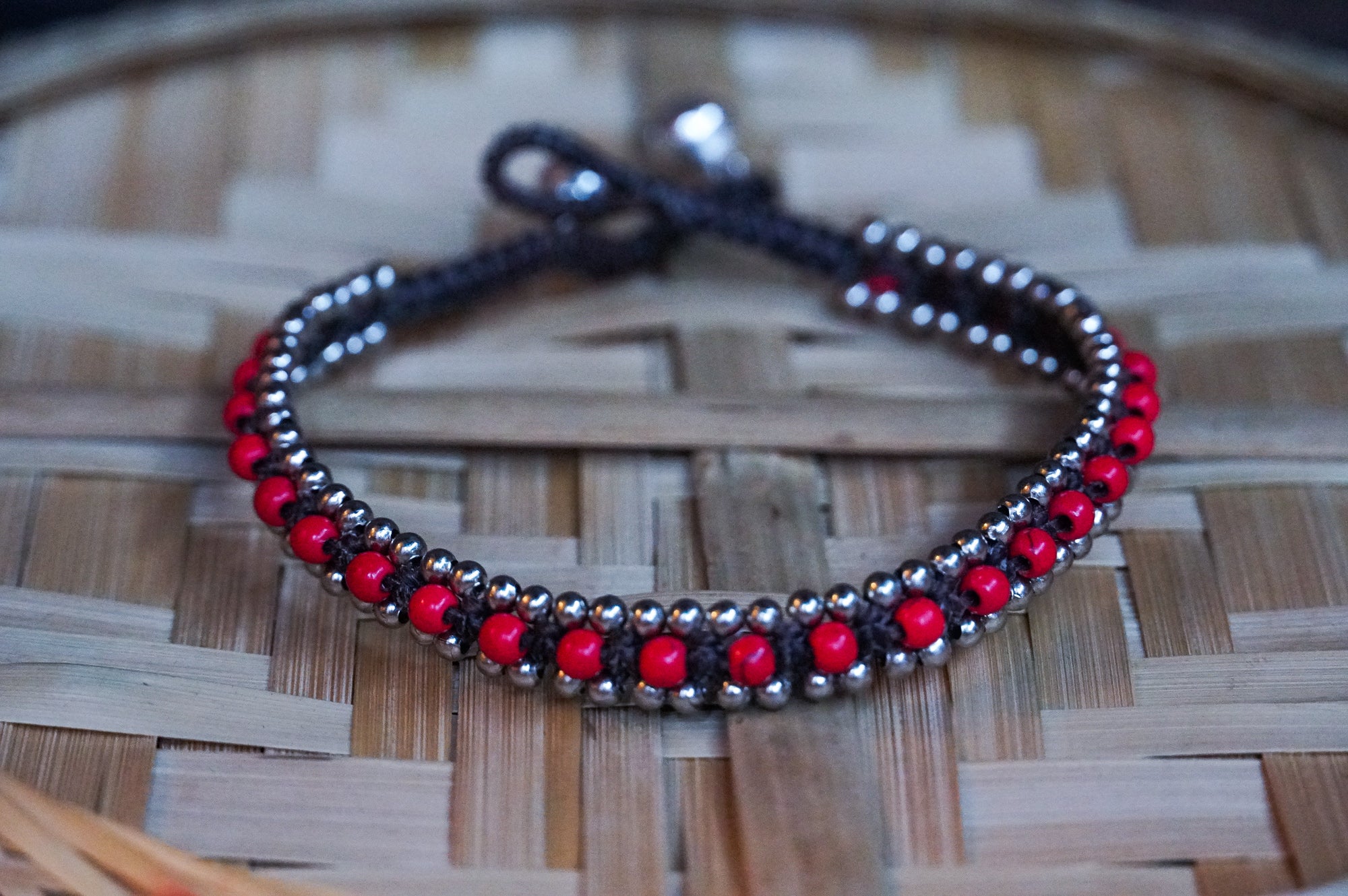 Red Coral Boho Silver Anklet