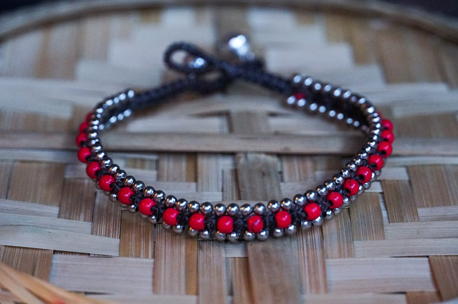 Red Coral Boho Silver Anklet