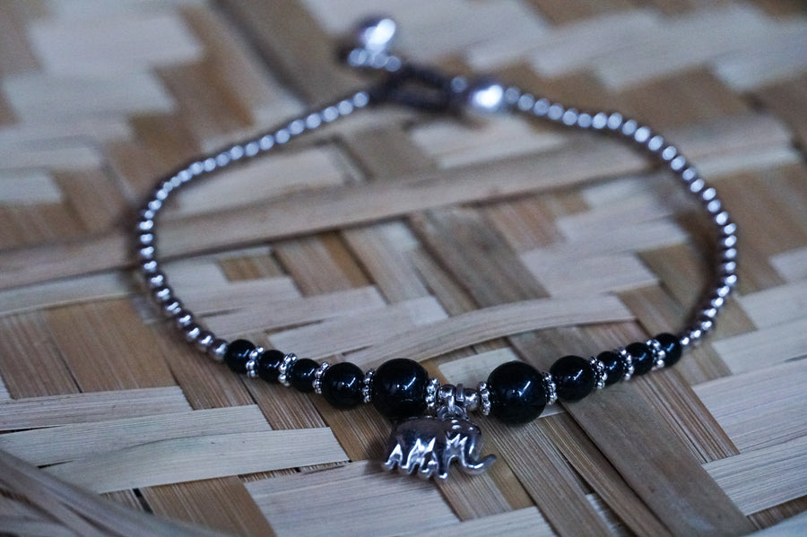 Elephant Black Onyx Beaded Boho Silver Anklet