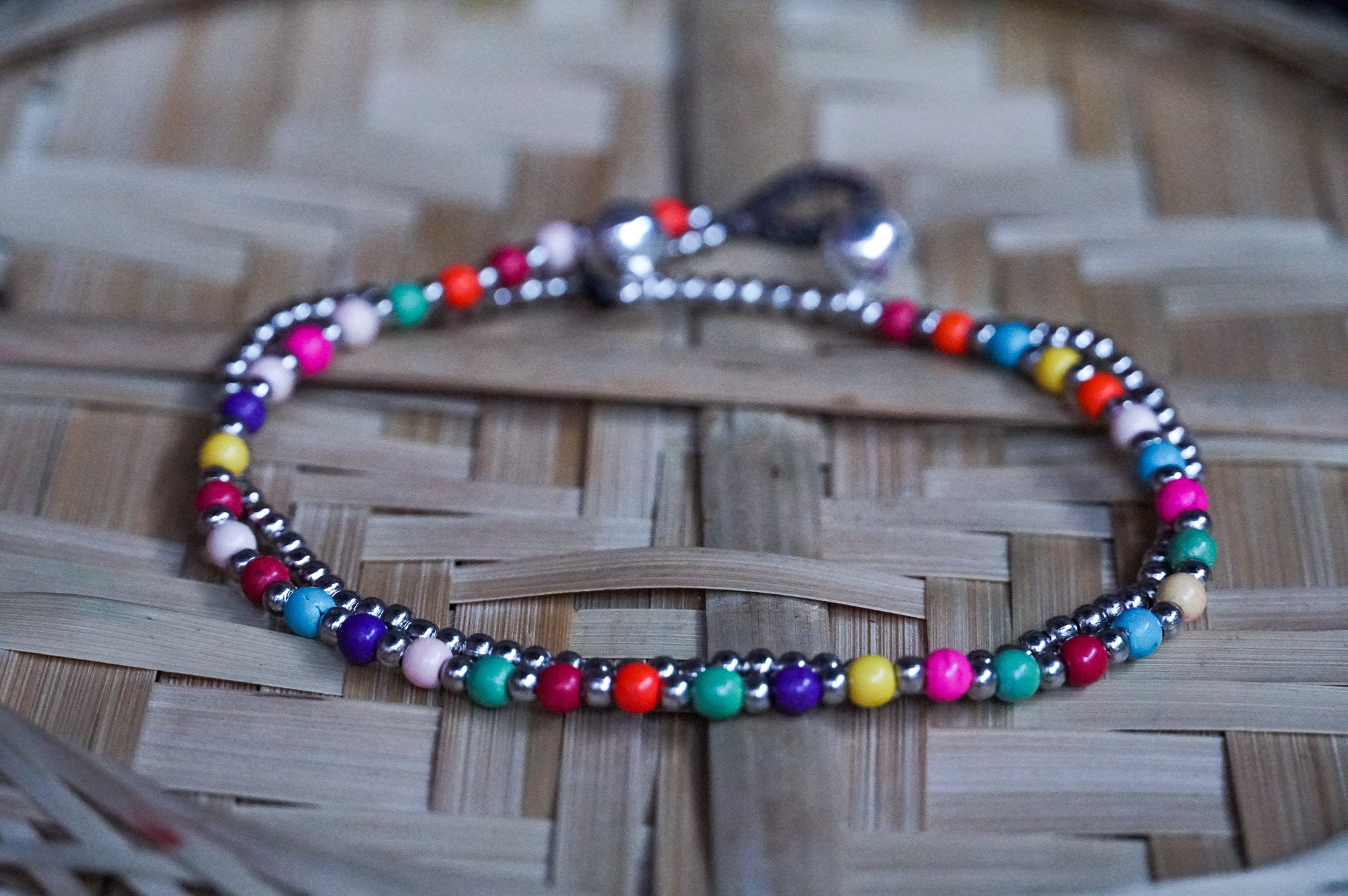 Multicolor Beaded Silver Double Strands Boho Anklet