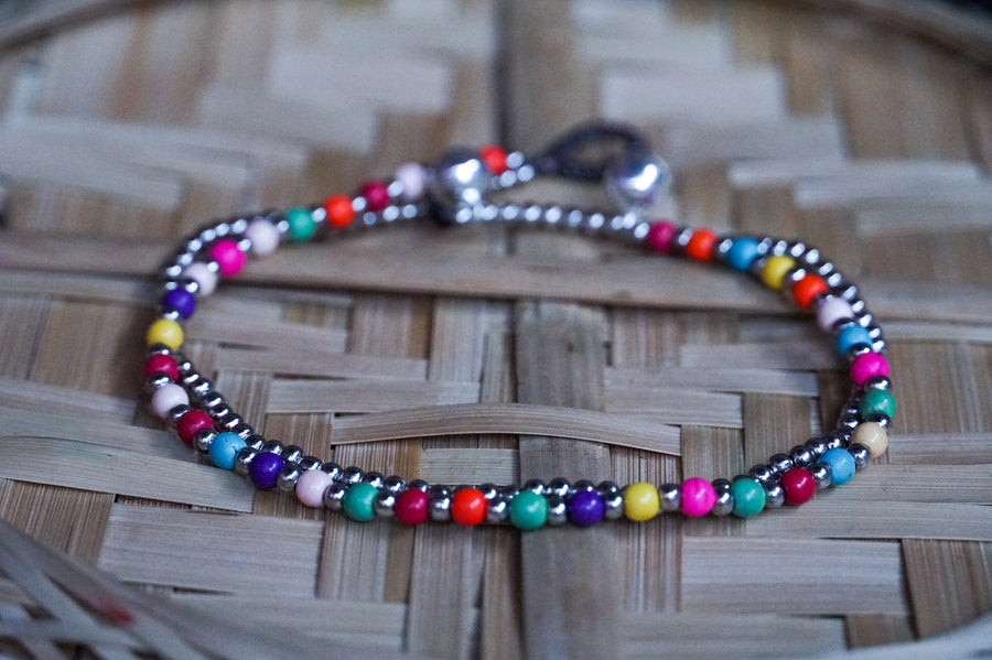 Multicolor Beaded Silver Double Strands Boho Anklet