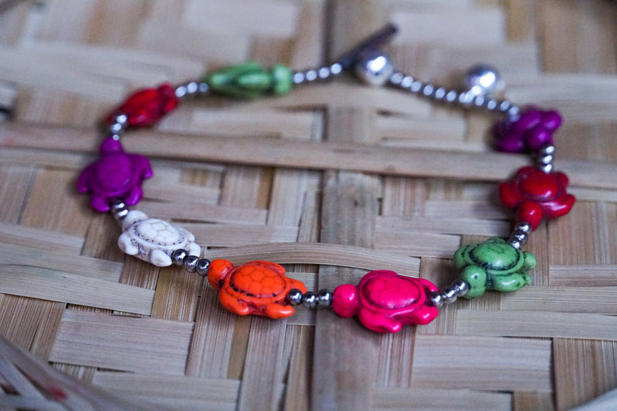 Turtle Multicolor Beaded Boho Silver Anklet